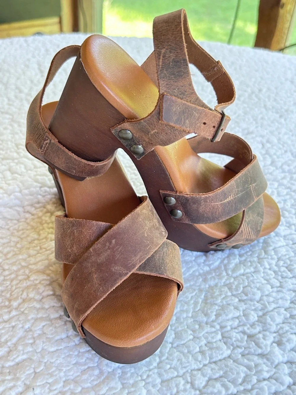 Brown Leather Boho Platform Clog Sandals Heels EU 38/US 8.5-9